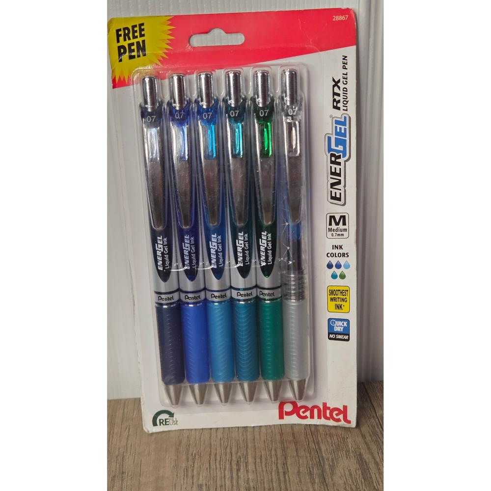 Pentel EnerGel RTX Liquid Gel Pens 0.7mm Medium Tip Assorted Blue Green 6 Pack